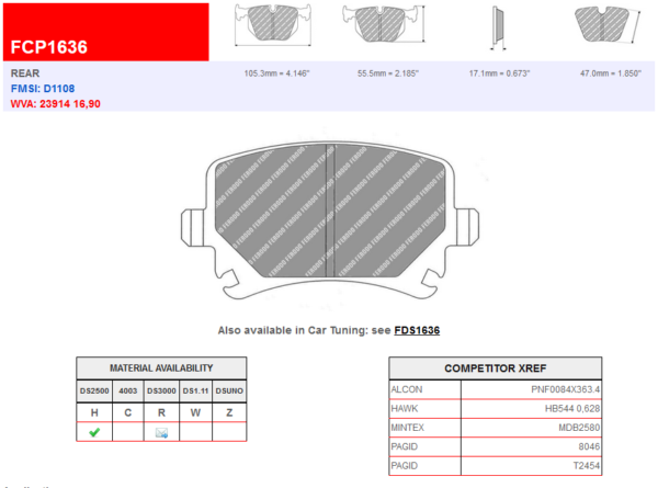 Ferodo Racing Rear Brake Pads DS2500 FCP1636 New