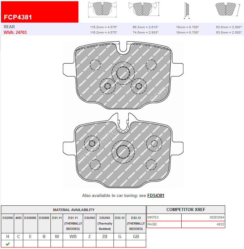 Rear Ferodo Racing DS2500 Brake Pads FCP4381H BMW G30 G12 G01 G02 G05- 3