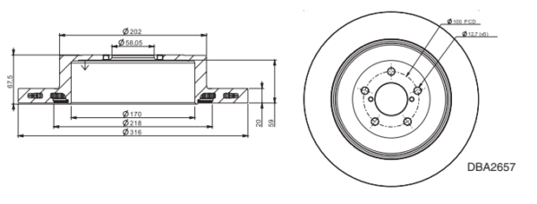 DBA Street Series - X-GOLD Brake Discs — Rear Axle for Subaru Forester / Impreza – DBA2657X — technical diagram